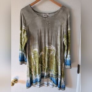 Parsley & Sage Tunic Top Artsy 3/4 Sleeve V-Neck Size Large Gray Green
